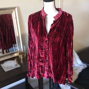 Vtg Chicos collarless burgundy Crinkled,velvet, long sleeve button down top XL 3